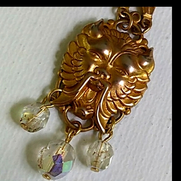 HTF KIRKS FOLLY Mythical Lion Necklace Aurora Borealis Crystal Dangles VINTAGE - Picture 1 of 16
